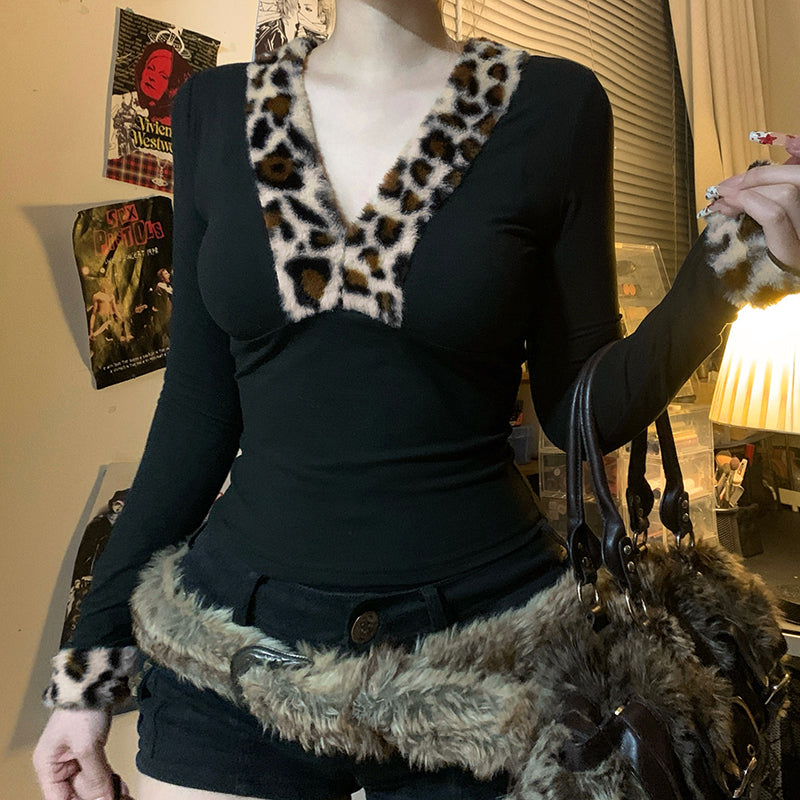 Haddie Leopard Trim Long Sleeve Top