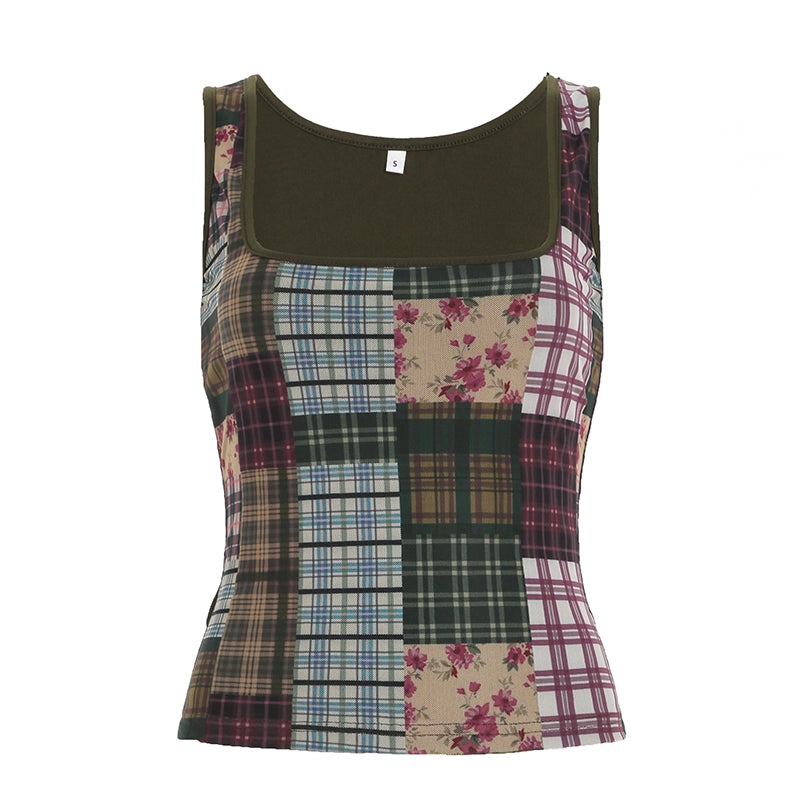 Kiran Plaid Mesh Patchwork Top - Patterned