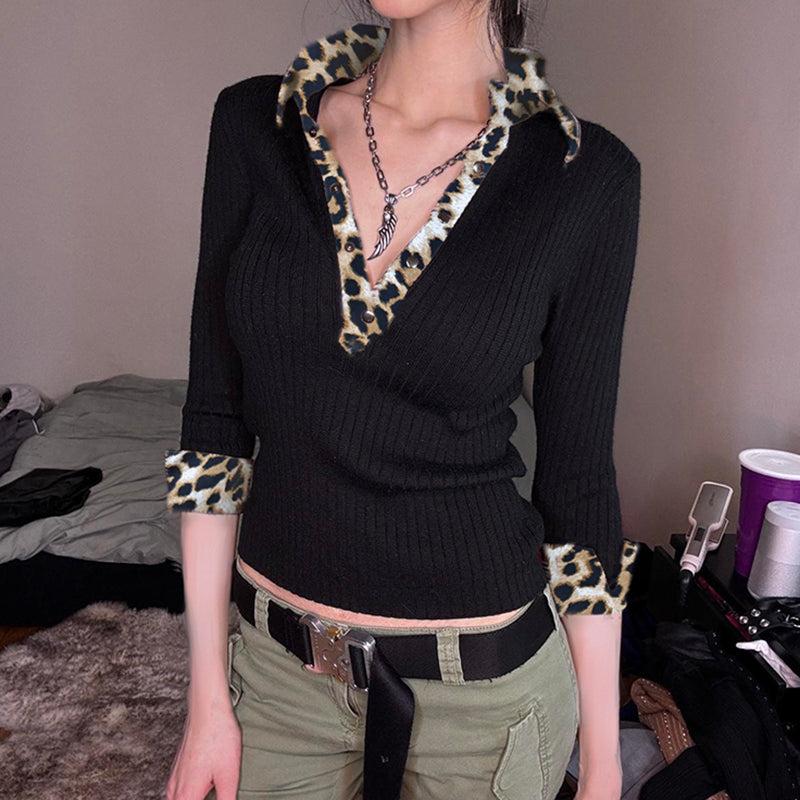 Mimi Leopard Trim Polo Top